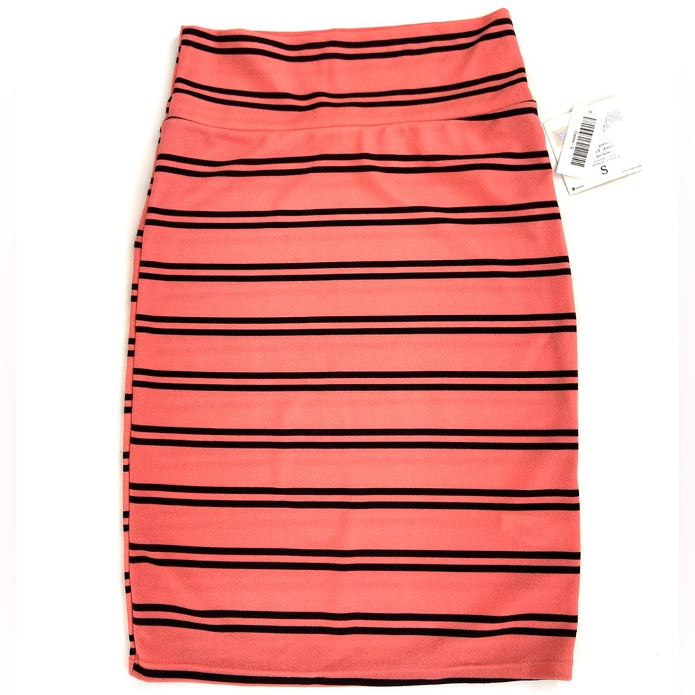 LuLaRoe Cassie Horizontal Striped Pencil Skirt Coral Black Women’s Size S NWT